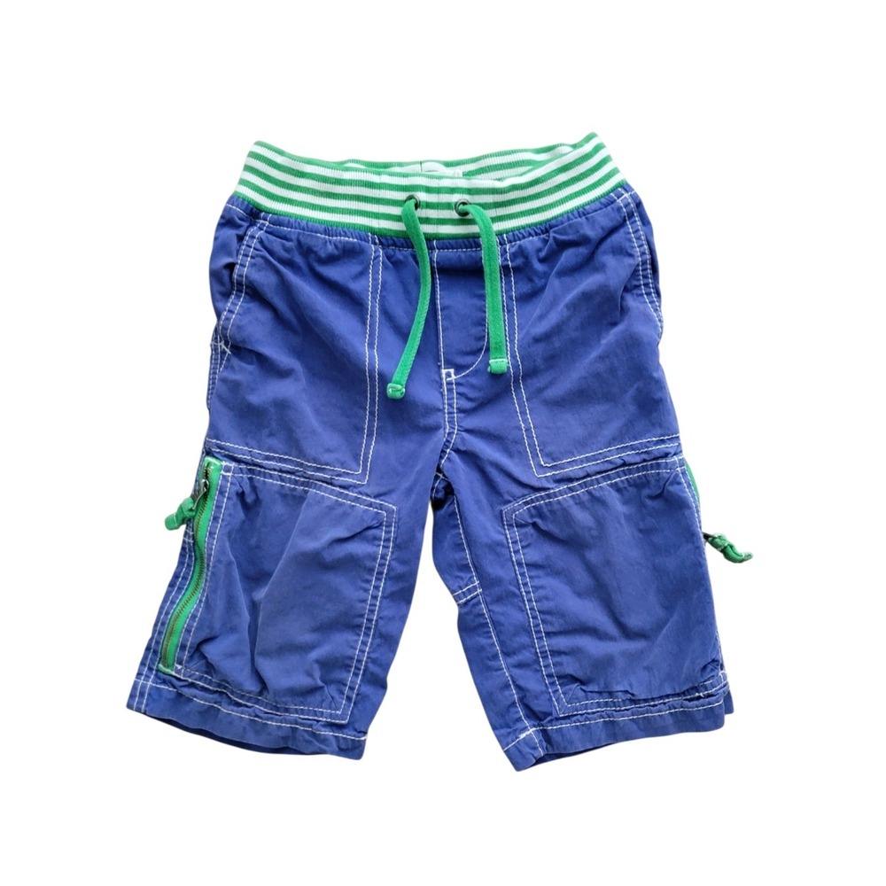 Mini Boden Boys Blue Techno Cargo Shorts Green White Stripe Drawstring Waist 5Y